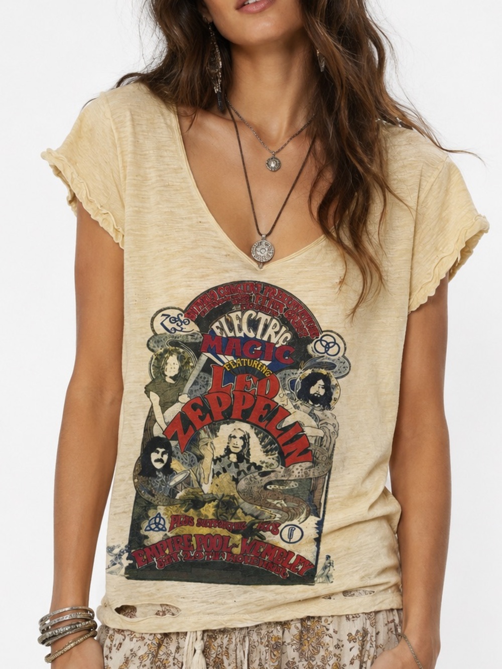 Jaded Gypsy Led Zeppelin Distressed 100% Cotton Graphic V Neck Tee Size Medium